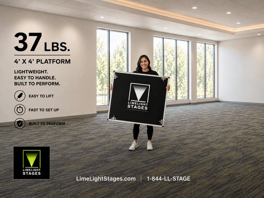 Woman holding a lightweight 37-lb 4' x 4' LimeLight Lite Series portable stage platform.