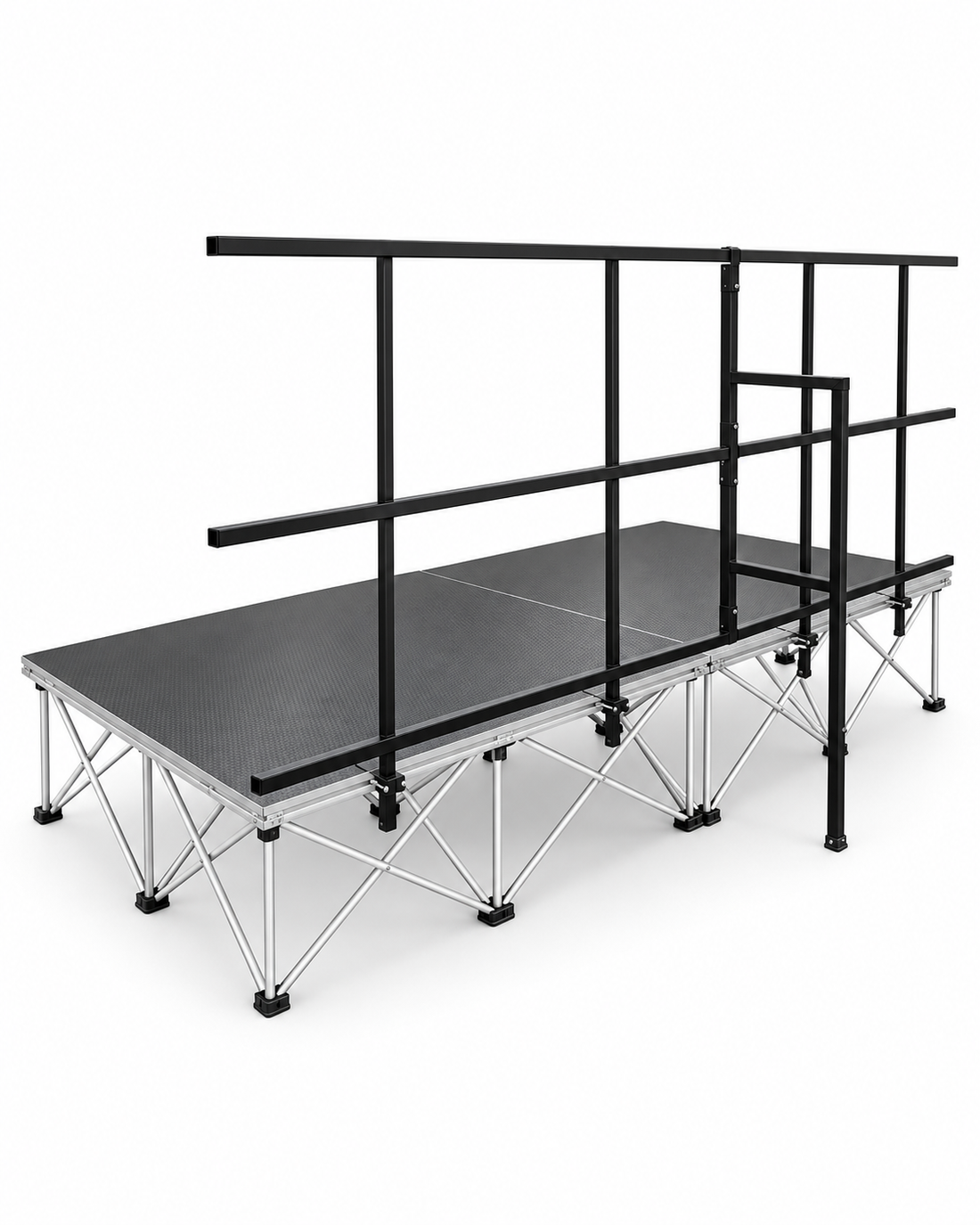 LimeLight Lite Series portable stage guardrail with SecureRail 90-degree stabilization system on a black modular stage platform.