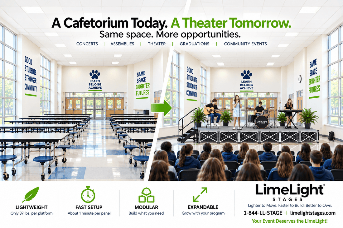 LimeLight portable stage transforms a school cafetorium from cafeteria seating into a student performance space.