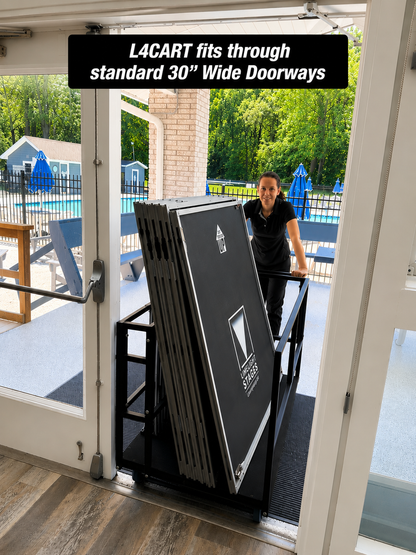 Person moving a LimeLight L4CART through a standard 30-inch doorway.