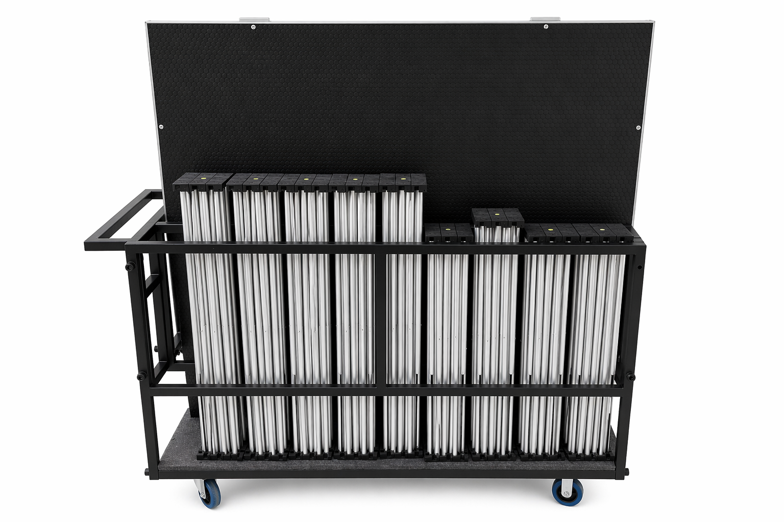 LimeLight L4CART loaded with portable stage platforms and risers, shown from the side.