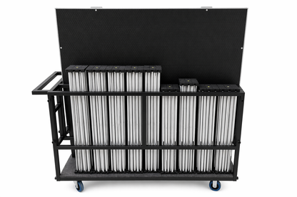 LimeLight L4CART loaded with portable stage platforms and risers, shown from the side.