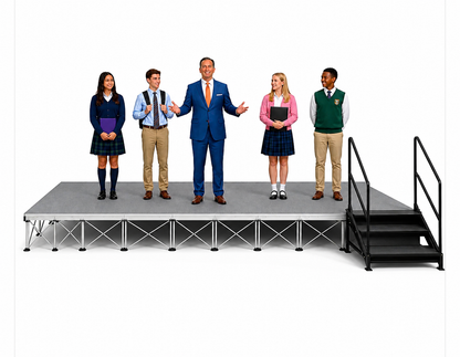 Teacher and students on a LimeLight modular school stage with stairs.