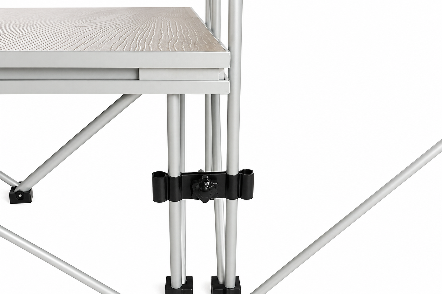 LimeLight LLCB step-connecting hardware for securely attaching stairs to modular portable stages.