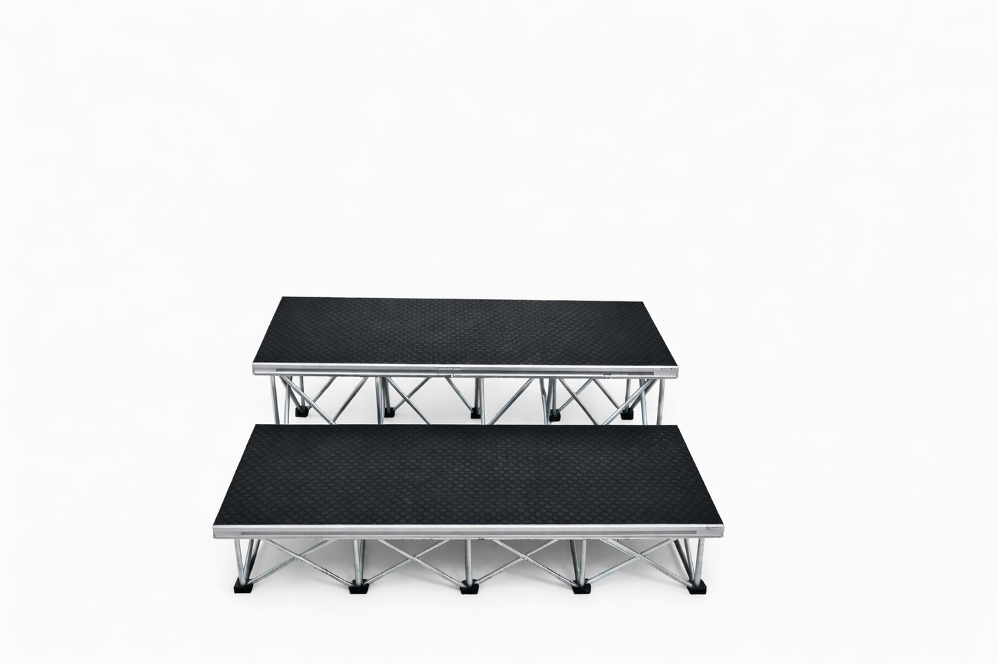 LimeLight 2-step platform riser kit with expandable X Riser base system, designed for quick setup and compact transport. Hexcoat Finish. Ideal for schools, churches, and event professionals