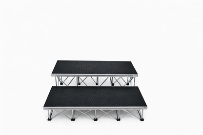 LimeLight 2-step platform riser kit with expandable X Riser base system, designed for quick setup and compact transport. Hexcoat Finish. Ideal for schools, churches, and event professionals