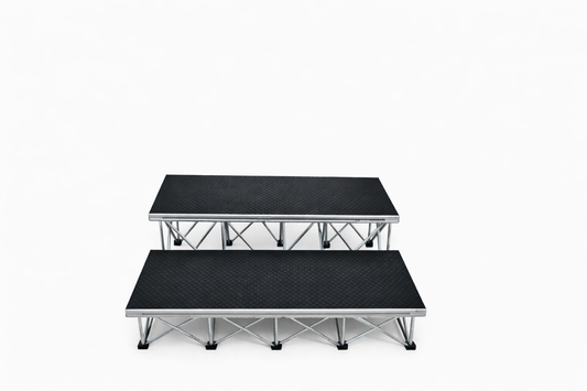 LimeLight 2-step platform riser kit with expandable X Riser base system, designed for quick setup and compact transport. Hexcoat Finish. Ideal for schools, churches, and event professionals