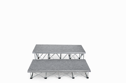 LimeLight 2-step platform riser kit with expandable X Riser base system, designed for quick setup and compact transport. Carpet Finish. Ideal for schools, churches, and event professionals