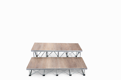LimeLight 2-step platform riser kit with expandable X Riser base system, designed for quick setup and compact transport. Wood Laminate Finish. Ideal for schools, churches, and event professionals