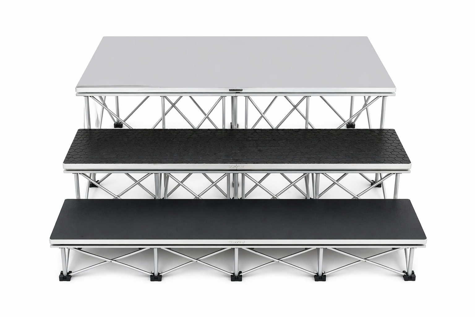 LimeLight two-step stair system with black HexCoat finish for modular portable stages.