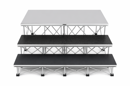 LimeLight two-step stair system with black HexCoat finish for modular portable stages.