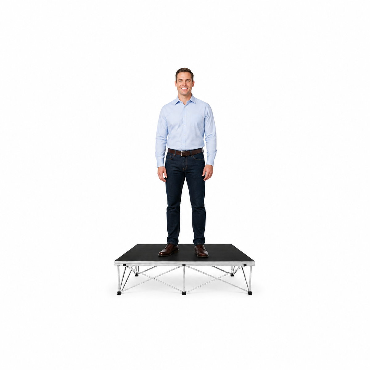 Man standing on a LimeLight modular portable stage with black HexCoat finish.
