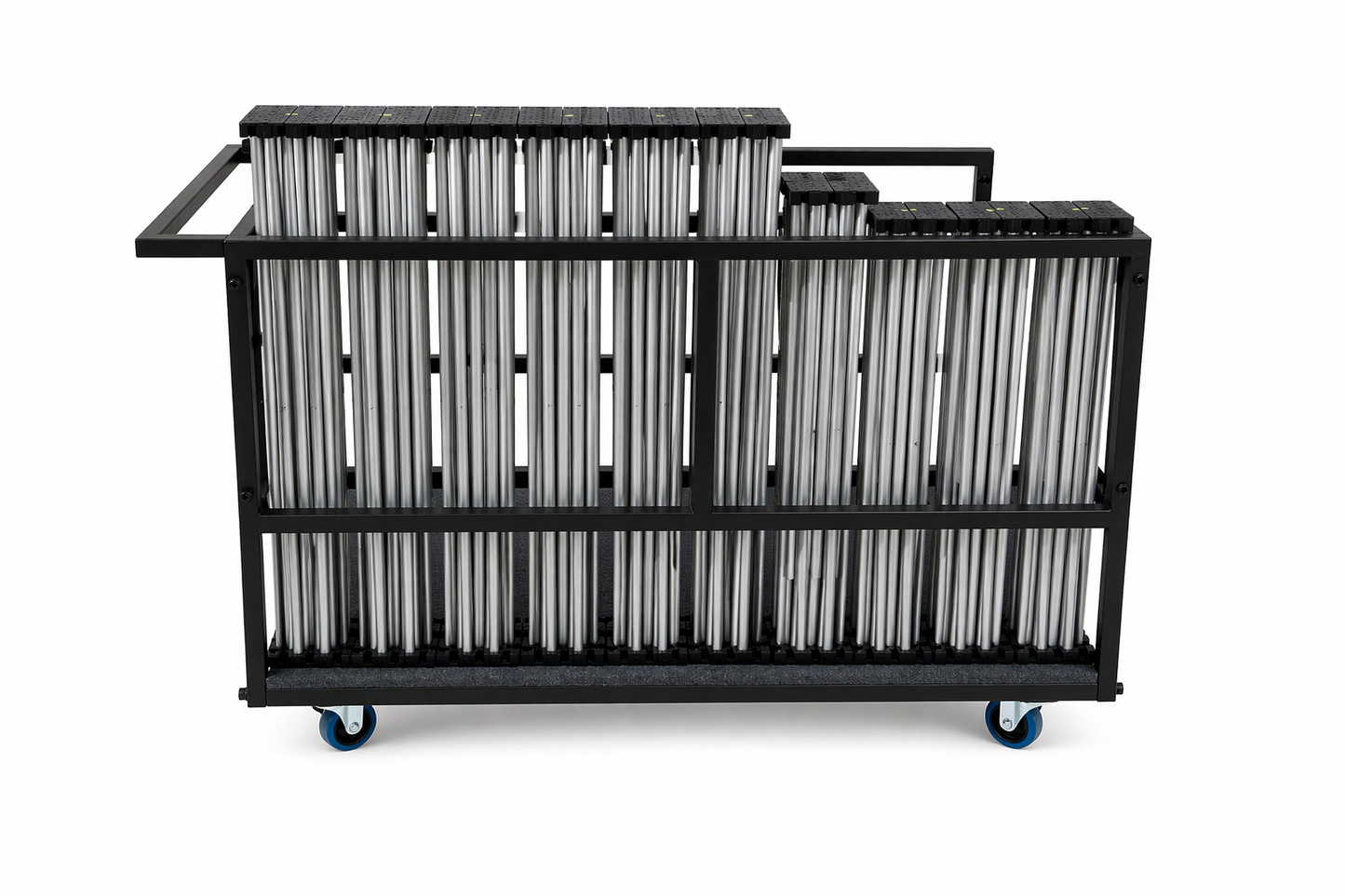 LimeLight L4CART fully loaded with portable stage risers, shown from the side.