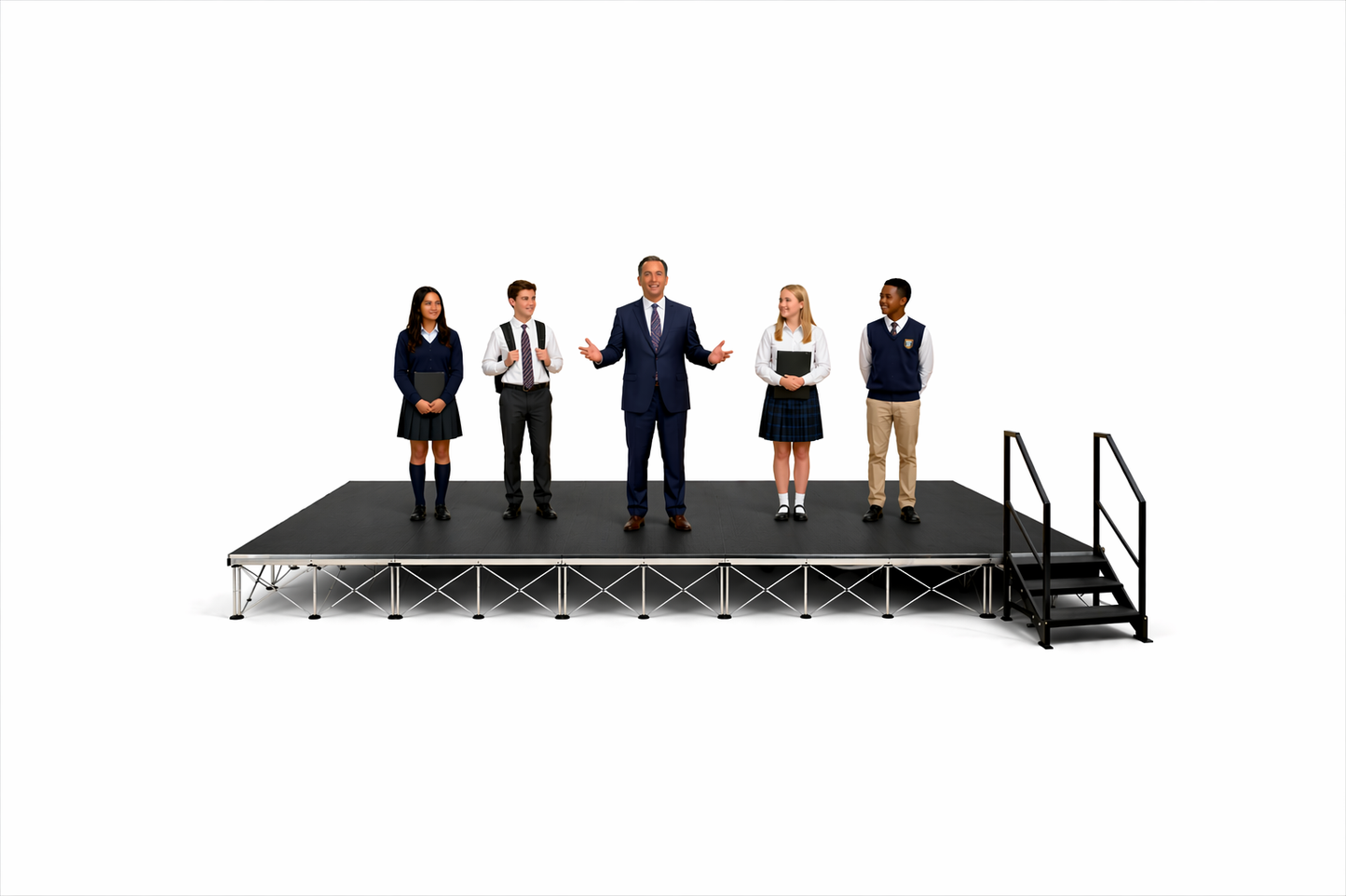 Students standing on a LimeLight 24x12 portable stage platform at 16 inch height with one set of stairs in Hexcoat finish. Ideal for school events, assemblies, and performances.