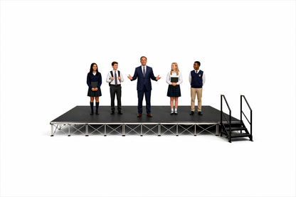 Students standing on a LimeLight 24x12 portable stage platform at 16 inch height with one set of stairs in Hexcoat finish. Ideal for school events, assemblies, and performances.