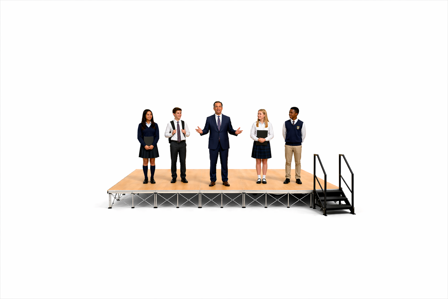 Students standing on a LimeLight 24x12 portable stage platform at 24 inch height with one set of stairs in premium wood finish. Ideal for school events, assemblies, and performances.