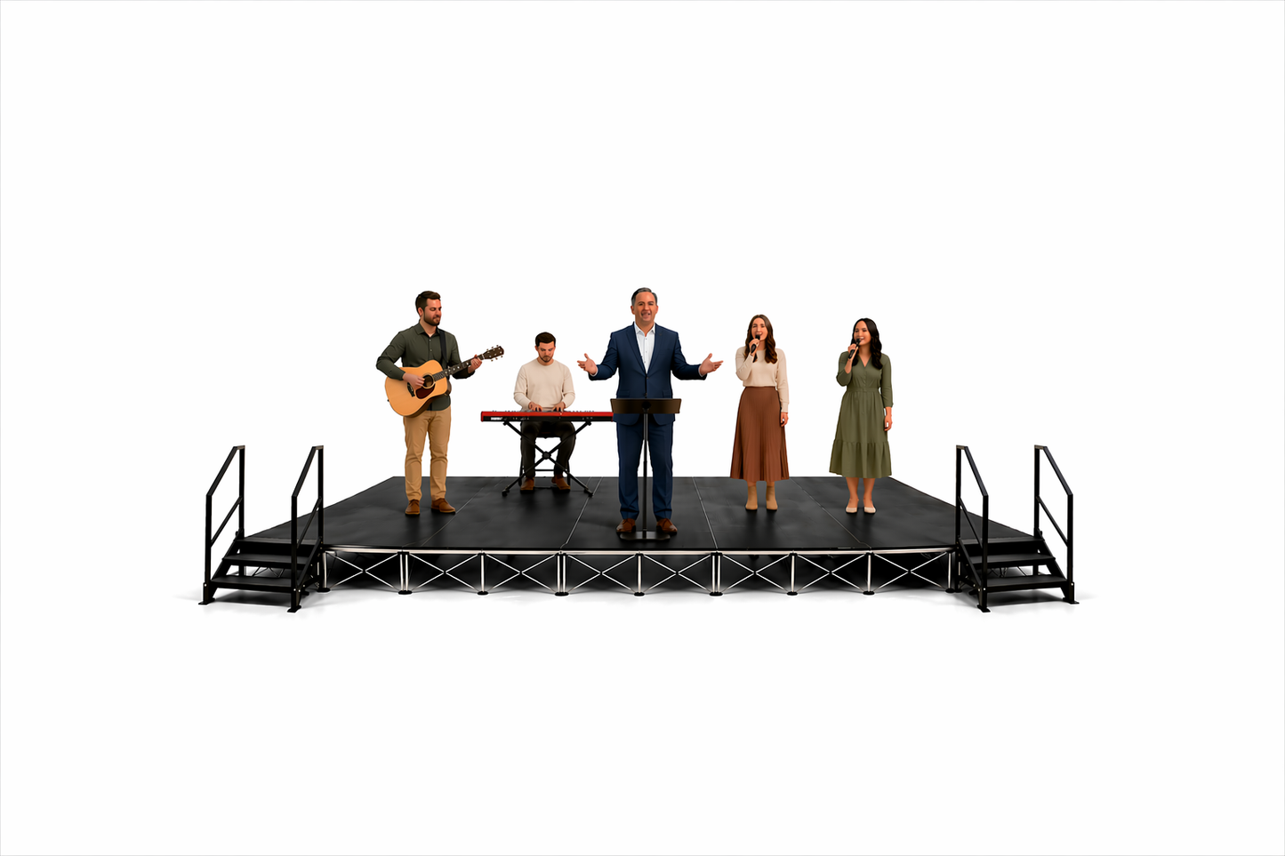 Worship team performing on a LimeLight 24x12 portable stage platform at 24 inch height with two sets of stairs in black Hexcoat finish. Ideal for churches, worship services, and event professionals.