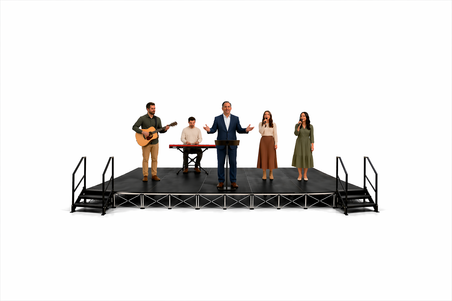 Worship team performing on a LimeLight 24x12 portable stage platform at 24 inch height with two sets of stairs in black Hexcoat finish. Ideal for churches, worship services, and event professionals.