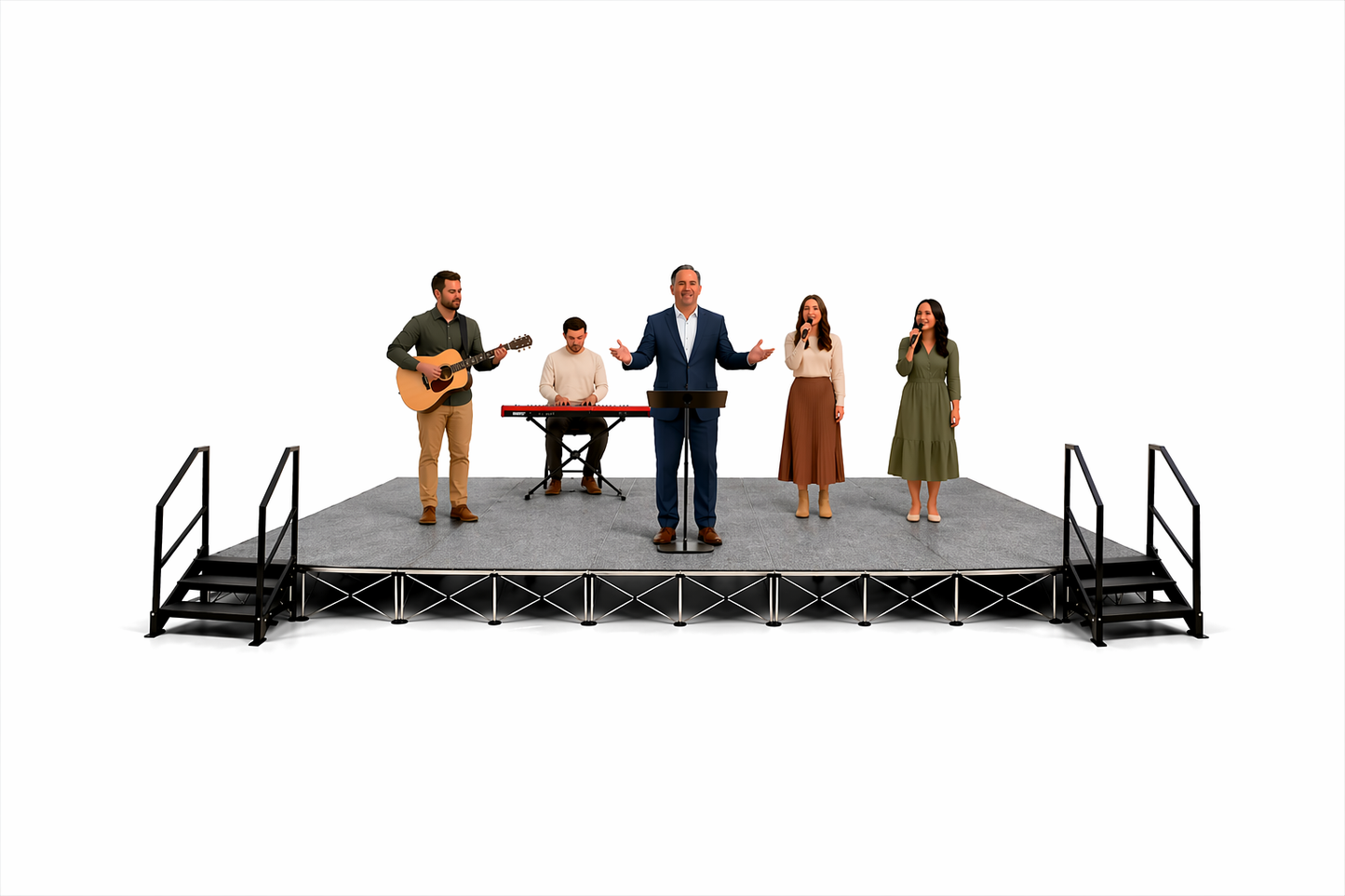 Worship team performing on a LimeLight 24x12 portable stage platform at 24 inch height with two sets of stairs in grey carpet finish. Ideal for churches, worship services, and event professionals.