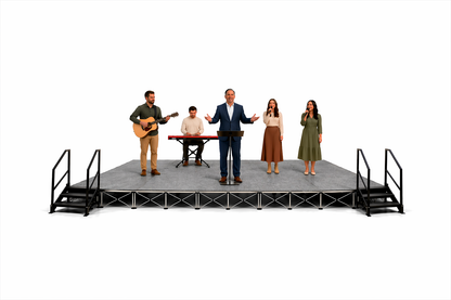Worship team performing on a LimeLight 24x12 portable stage platform at 24 inch height with two sets of stairs in grey carpet finish. Ideal for churches, worship services, and event professionals.