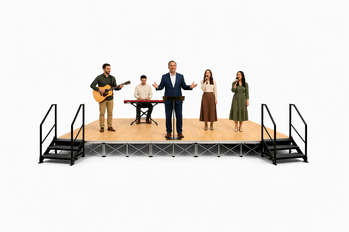 Worship team performing on a LimeLight 24x12 portable stage platform at 24 inch height with two sets of stairs in premium wood laminate finish. Ideal for churches, worship services, and event professionals.