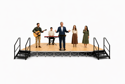 Worship team performing on a LimeLight 24x12 portable stage platform at 24 inch height with two sets of stairs in premium wood laminate finish. Ideal for churches, worship services, and event professionals.