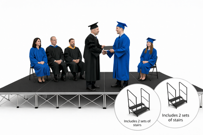 Students standing on a LimeLight 24x12 portable graduation stage at 24 inch height with two sets of stairs and handrails in Hexcoat finish. Ideal for school graduations, ceremonies, and formal events.