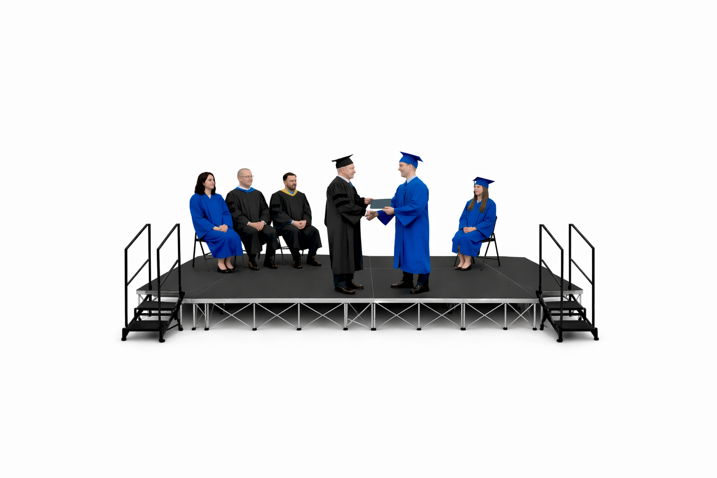 Students standing on a LimeLight 24x12 portable graduation stage at 24 inch height with two sets of stairs and handrails in Hexcoat finish. Ideal for school graduations, ceremonies, and formal events.