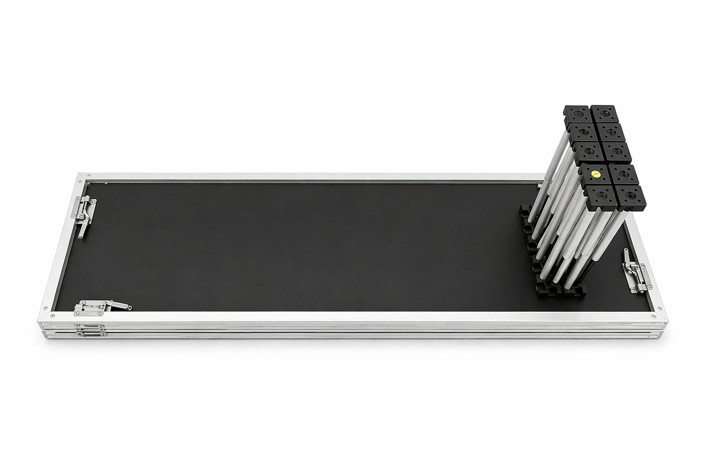 LimeLight portable 1 step platform with 1 X Riser base, shown folded down for transport. Lightweight modular staging system ideal for schools, churches, and event professionals.