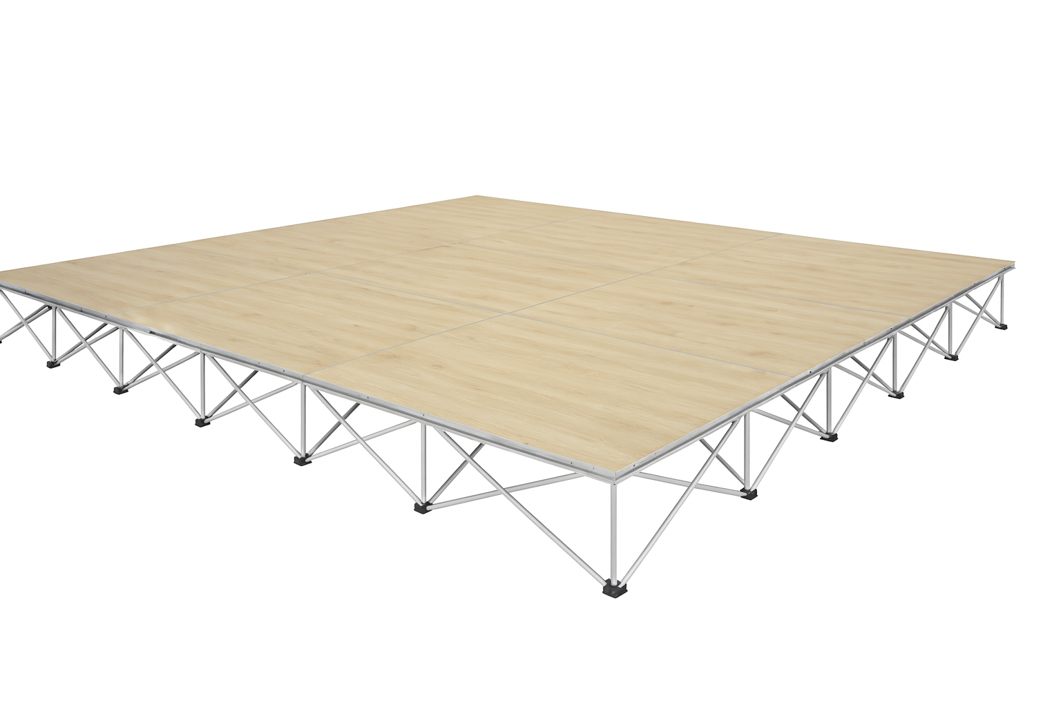 LimeLight 16' x 16' modular portable stage, 8 inches high, with wood laminate finish.