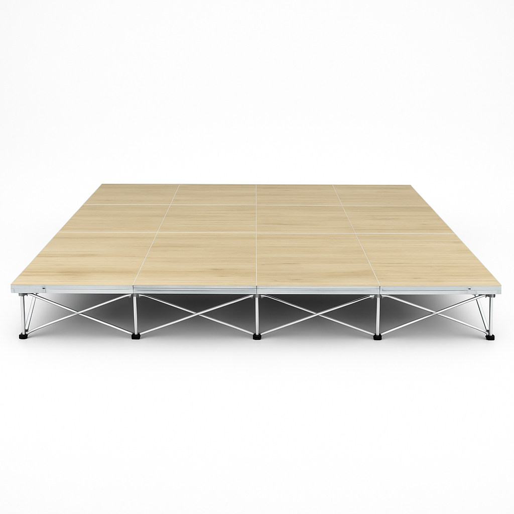 LimeLight 16' x 16' modular portable stage, 8 inches high, with wood laminate finish.