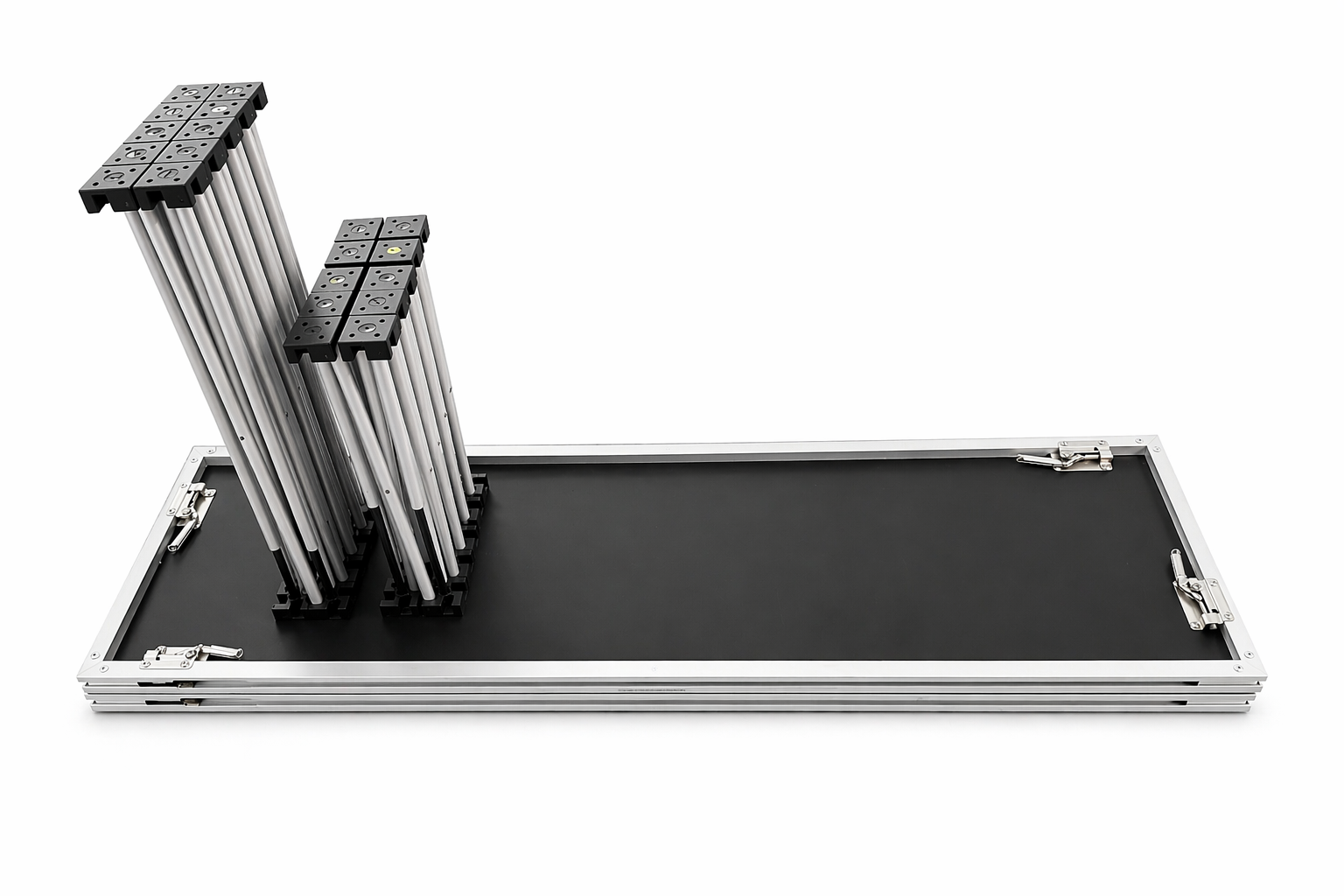 LimeLight portable 2 step platforms with 2 X Riser Bases, shown folded down for transport. Lightweight modular staging system ideal for schools, churches, and event professionals.