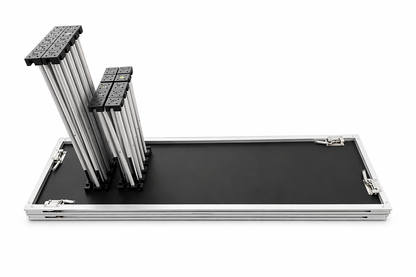 LimeLight portable 2 step platforms with 2 X Riser Bases, shown folded down for transport. Lightweight modular staging system ideal for schools, churches, and event professionals.