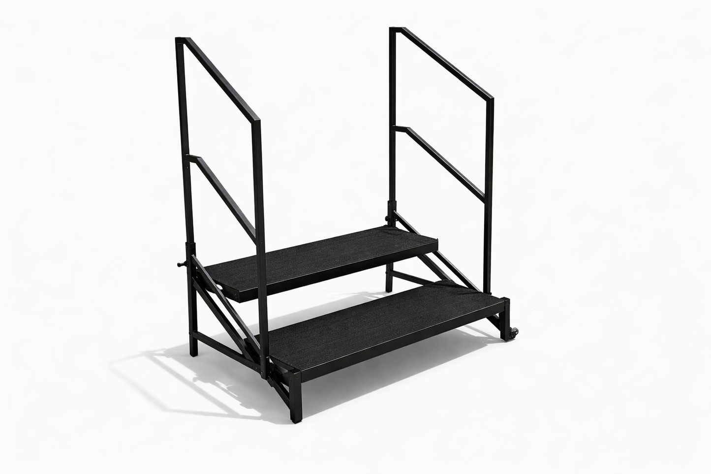 LimeLight 2 step stage stair system with dual height design, steel construction, and handrails for safe access to portable stage platforms. Ideal for schools, churches, and event staging.
