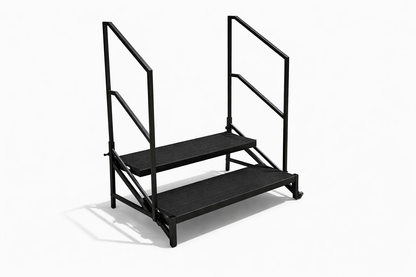 LimeLight 2 step stage stair system with dual height design, steel construction, and handrails for safe access to portable stage platforms. Ideal for schools, churches, and event staging.