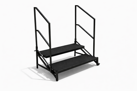 LimeLight 2 step stage stair system with dual height design, steel construction, and handrails for safe access to portable stage platforms. Ideal for schools, churches, and event staging.