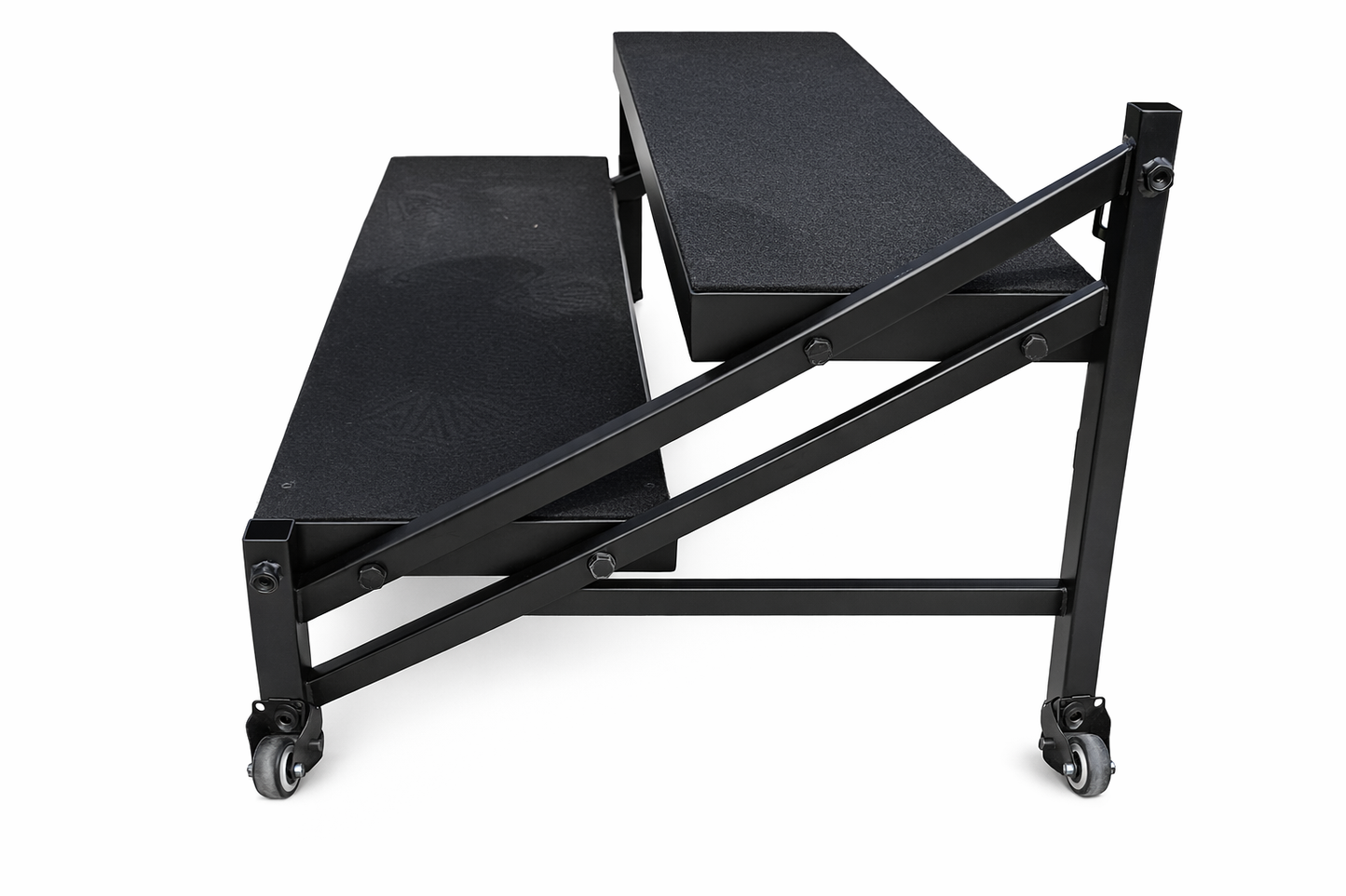 LimeLight 2 step stage stair system with dual height design, steel construction, and handrails for safe access to portable stage platforms with wheel detail. Ideal for schools, churches, and event staging.