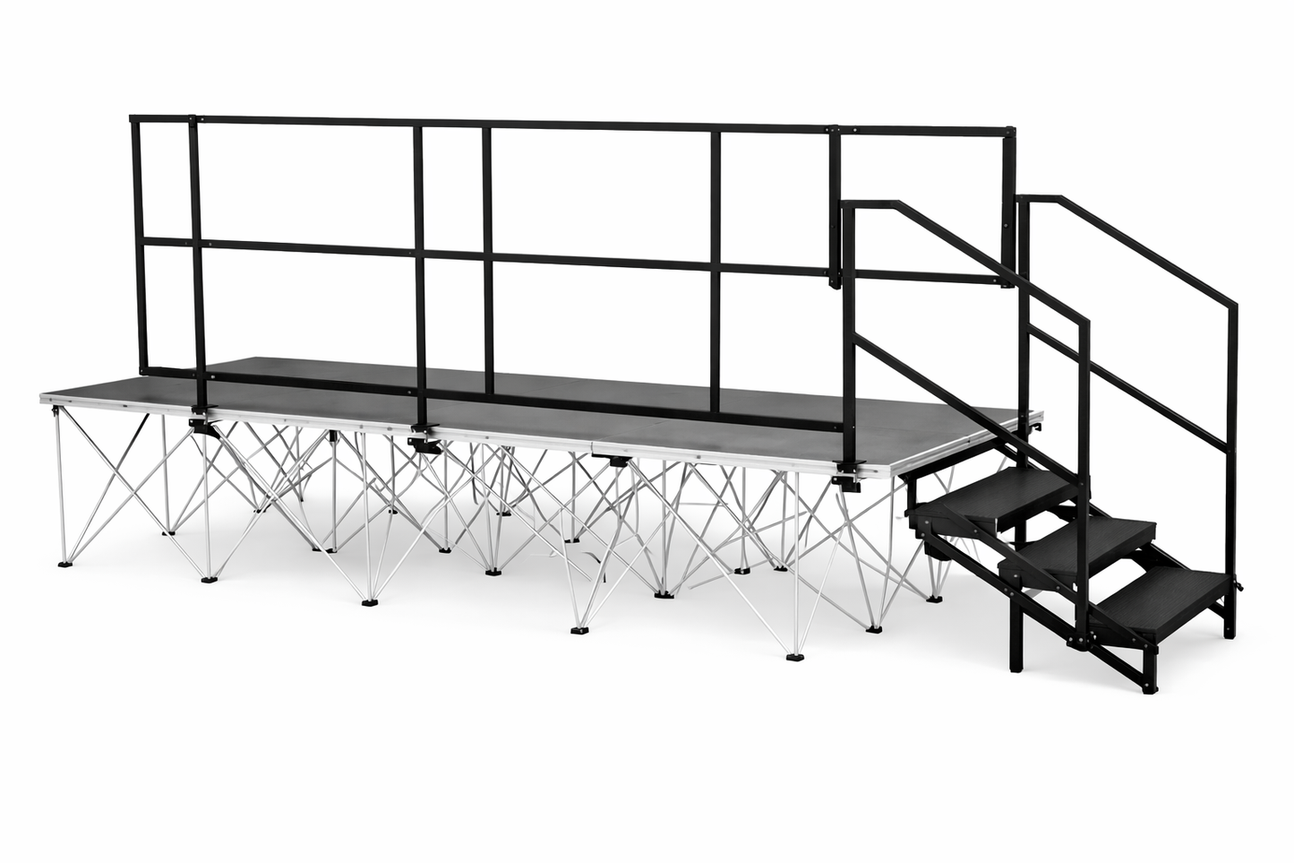 LimeLight 2 step stage stair system with dual height design, steel construction, and handrails for safe access to portable stage platforms. Integrates easily to Limelight guardrails. Ideal for schools, churches, and event staging.