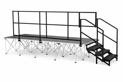 LimeLight 2 step stage stair system with dual height design, steel construction, and handrails for safe access to portable stage platforms. Integrates easily to Limelight guardrails. Ideal for schools, churches, and event staging.