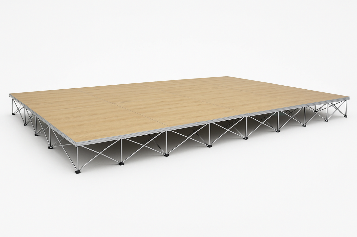 LimeLight 20' x 12' modular portable stage, 8 inches high, with wood laminate finish.