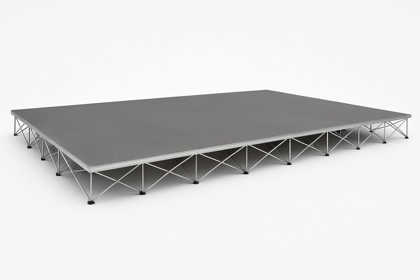 LimeLight 20' x 12' portable modular stage, 8 inches high, with gray carpet finish.