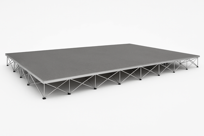 LimeLight 20' x 12' portable modular stage, 8 inches high, with gray carpet finish.