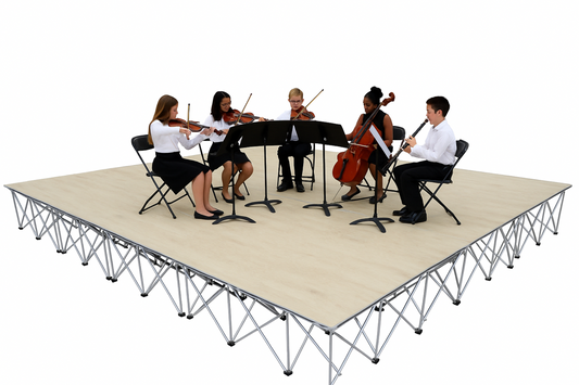 Musicians playing string instruments on a LimeLight Lite Series 16x16 modular stage platform in Wood Laminate at 16" height. Ideal for schools, churches, and event professionals.