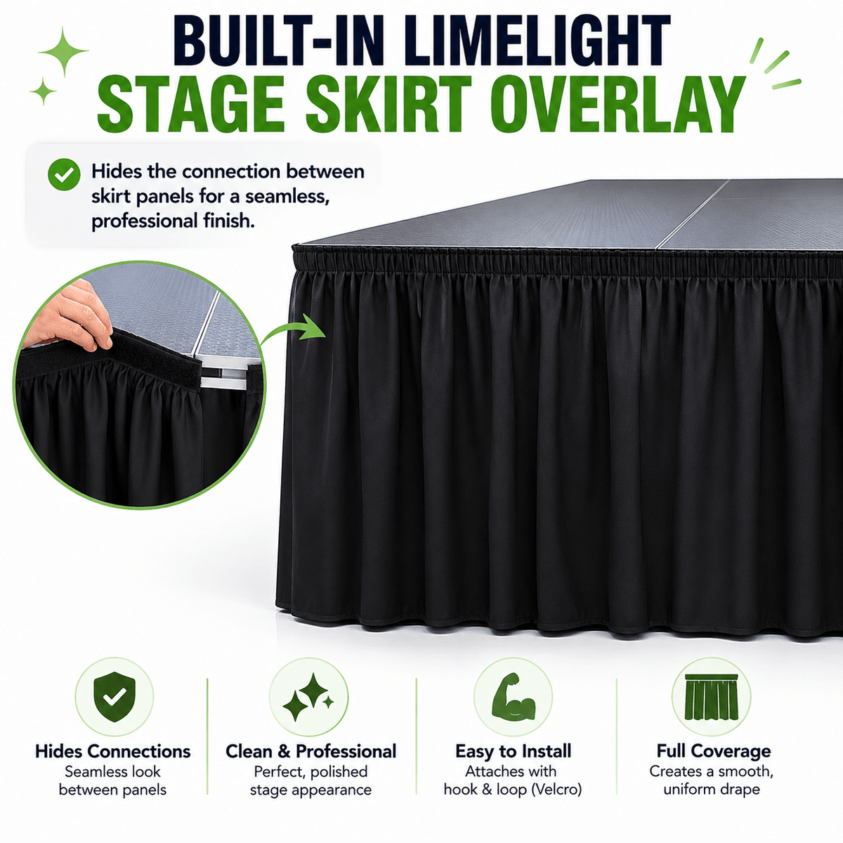 LimeLight stage skirt overlay feature for a clean, finished appearance on portable stages.
