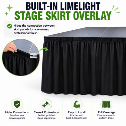 LimeLight stage skirt overlay feature for a clean, finished appearance on portable stages.
