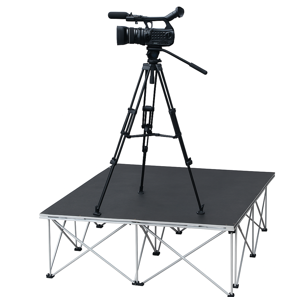 Black video camera on a tripod over a LimeLight Lite Series 4x4 camera riser stage riser in HexCoat Finish at 24" height. Ideal for schools, churches, and event professionals.
