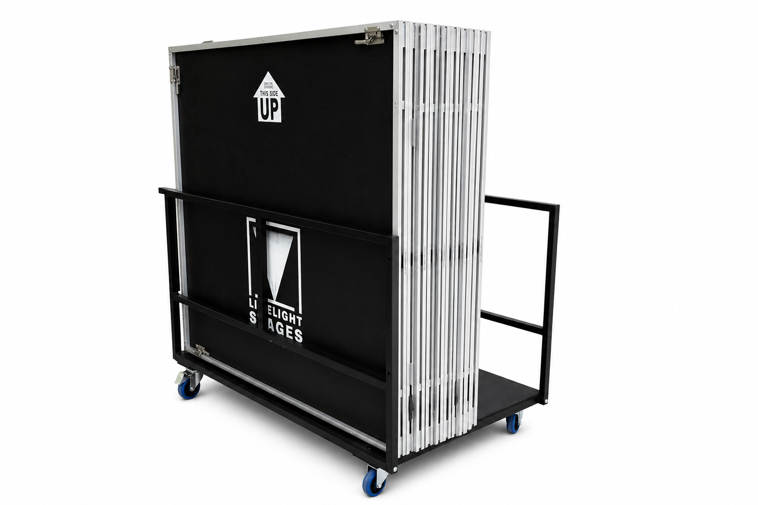 LimeLight cart loaded with Lite Series portable stage platforms, shown from the side with the LimeLight logo.