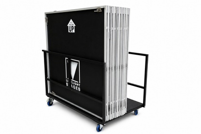 LimeLight cart loaded with Lite Series portable stage platforms, shown from the side with the LimeLight logo.
