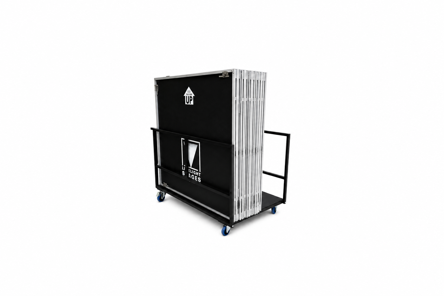 LimeLight transportation cart loaded with portable stage platforms for organized storage and transport.