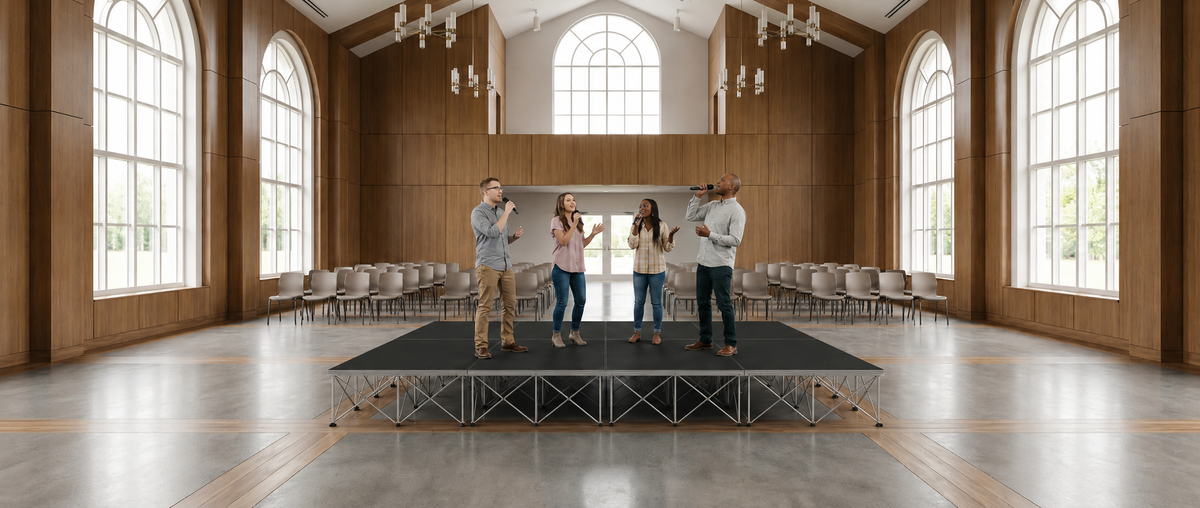 LimeLight portable stage system set up in a church venue with four performers, in a wood-paneled sanctuary.